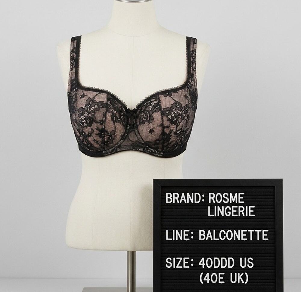 Rosme Lingerie Balconette Bra 40DDD US 40E UK Black Lace Nude Underwire 626718